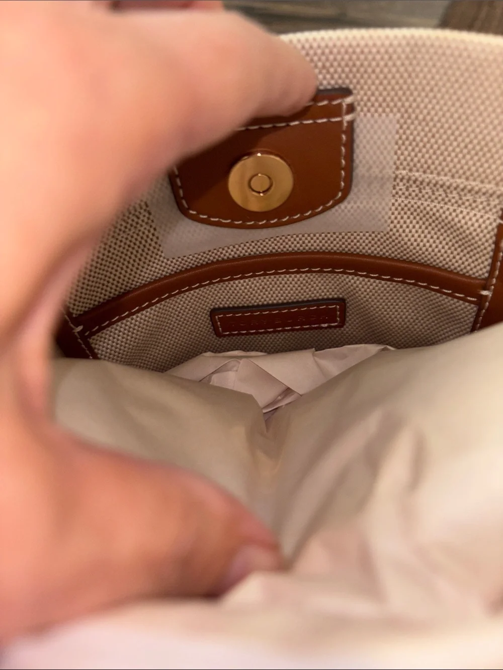 Tory Burch Beige Canvas Bucket Tote with Logo Medallion
